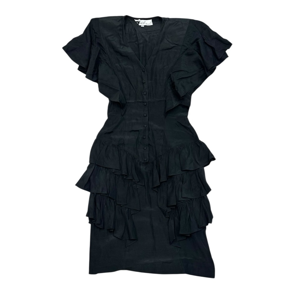Ashlee California Vintage Black Ruffle Tiered Button Front Dress - Size 8